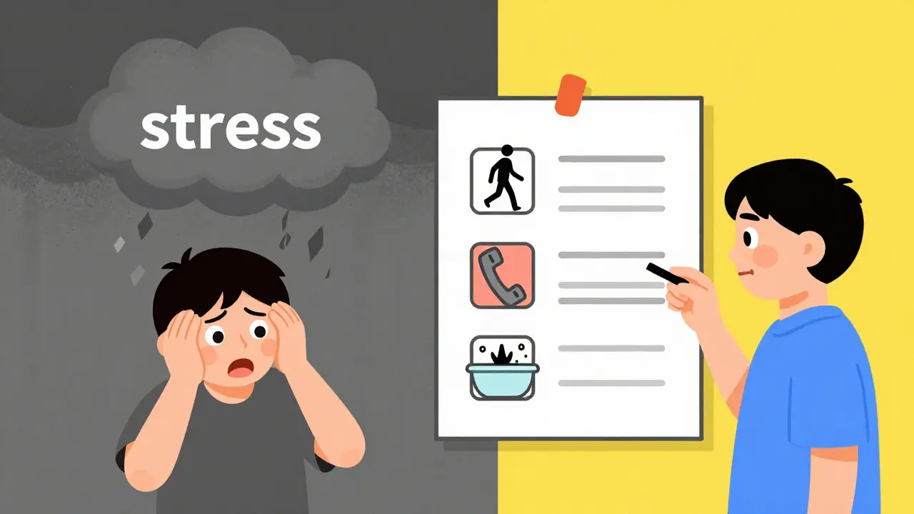 Kreslené srovnání stresové situace a klidného dodržování konkrétních kroků z plánu.