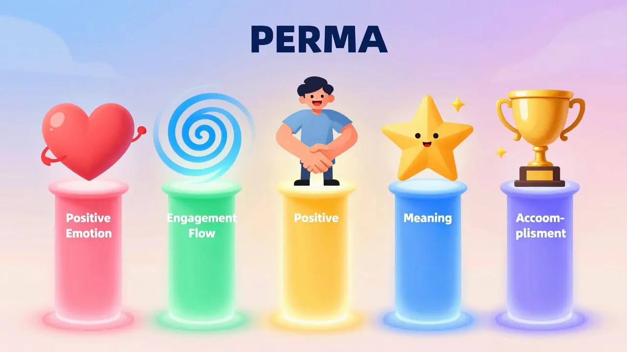 Kreslený obraz pěti barevných pilířů modelu PERMA podepírajících spokojeného člověka.