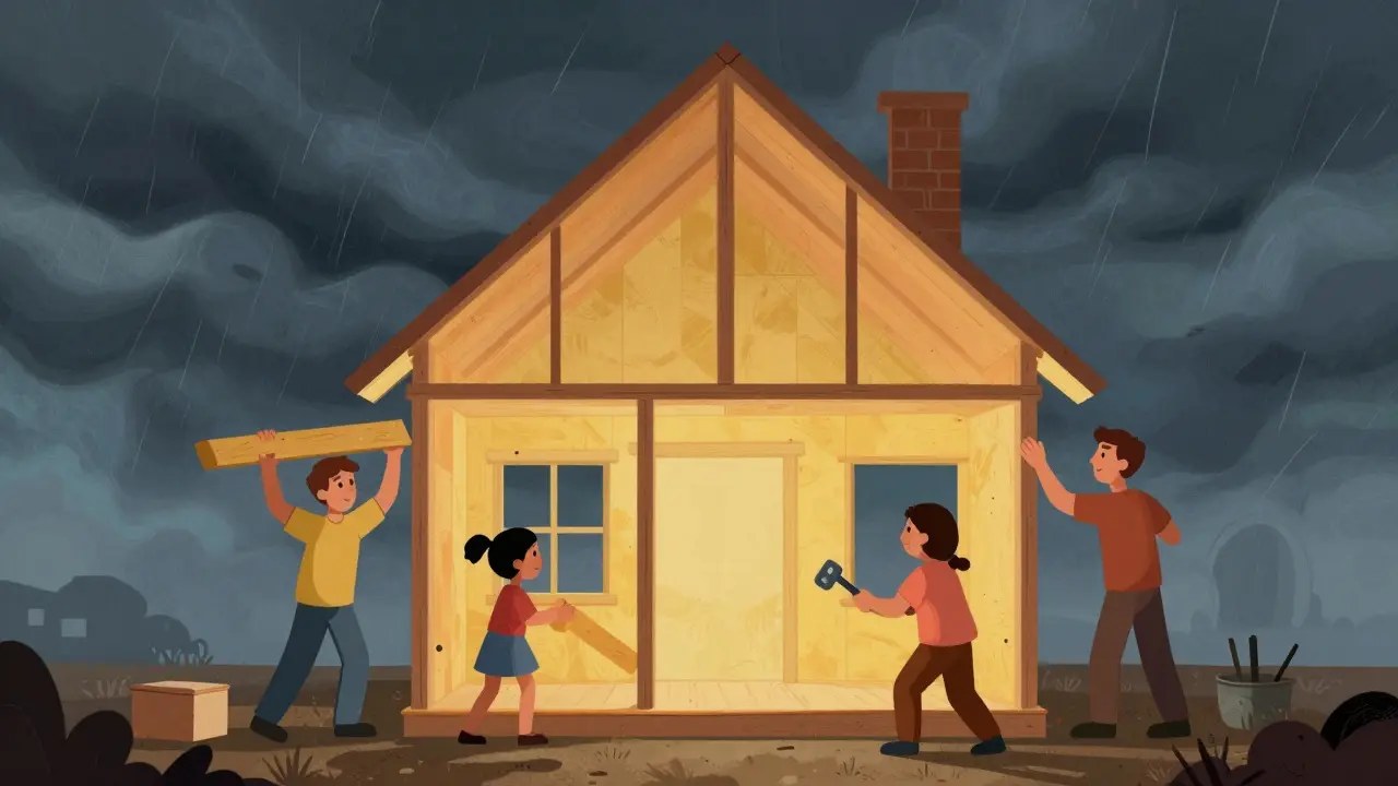 Kreslený obraz rodiny společně stavějící dům uprostřed bouře jako symbol vzájemné podpory.
