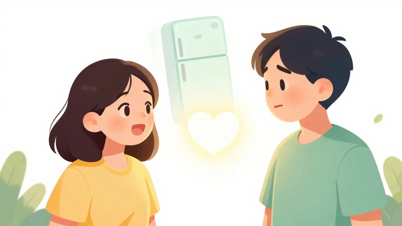 Kreslený obraz znázornující zdravou komunikaci s partnerem a vítězství nad záchvaty přejídání.