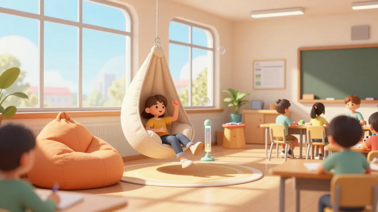 Moderní učebna s vyhrazeným senzorickým koutkem s houpací sítí a měkkými polštáři.