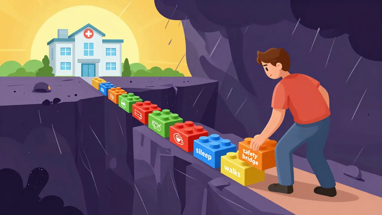 Osoba stavějící barevný most z rutinních návybů přes propast úzkosti.