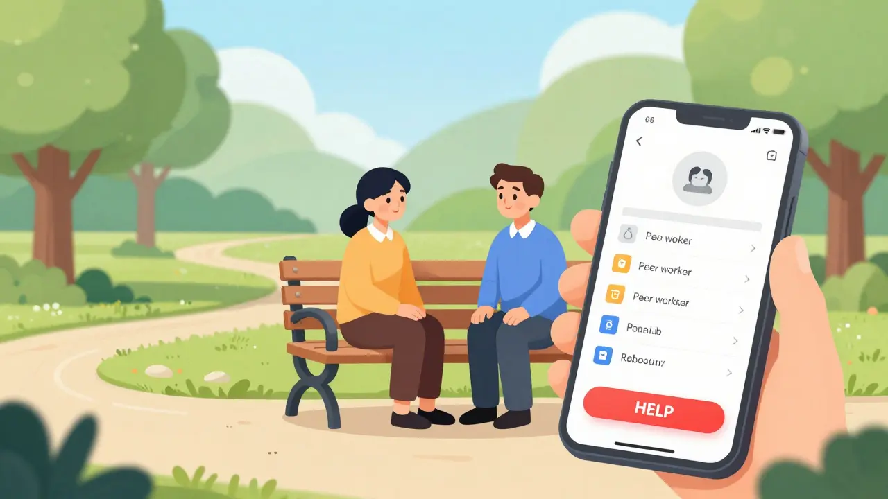 Osoba v parku mluví s peer pracovníkem a v popředí je mobilní aplikace pro pomoc.
