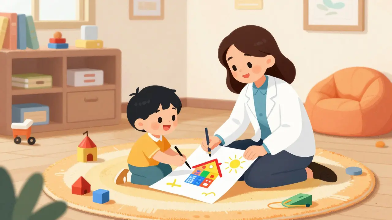 Psycholog a dítě společně kreslí obrázky v hravé a útulné ordinaci.