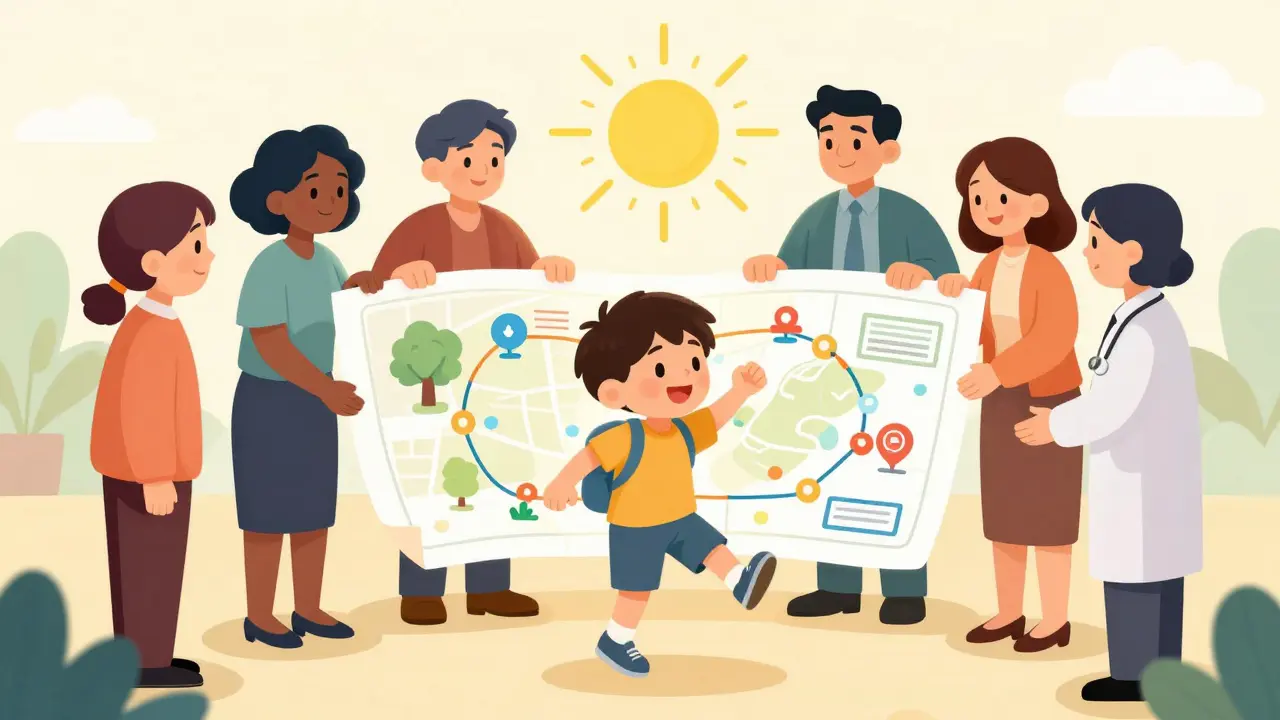 Rodič, učitel a terapeut společně pomáhají dítěti najít cestu k lepší budoucnosti.