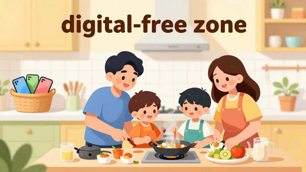 Rodina společně vaří v kuchyni s telefony uloženými v košíku v pozadí.