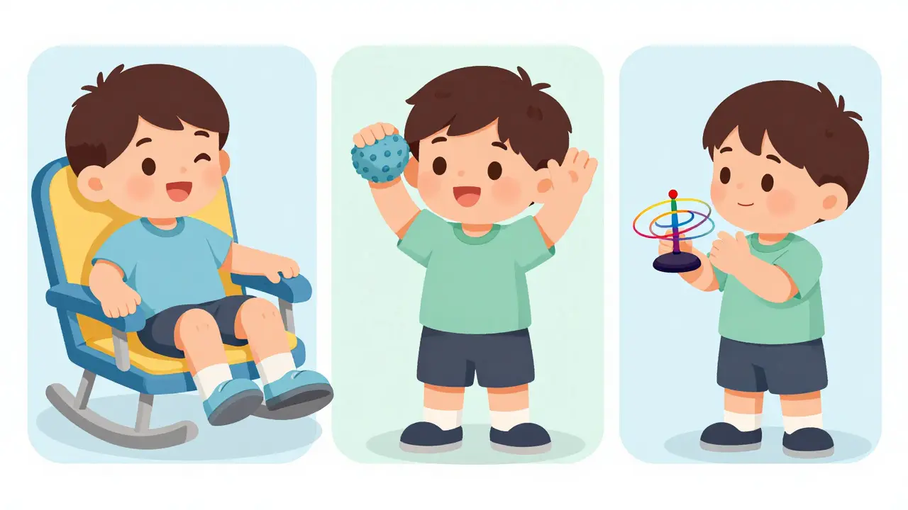 Sada obrázků ukazující různé typy stimmingu, jako je houpání a mačkání stresového míčku.