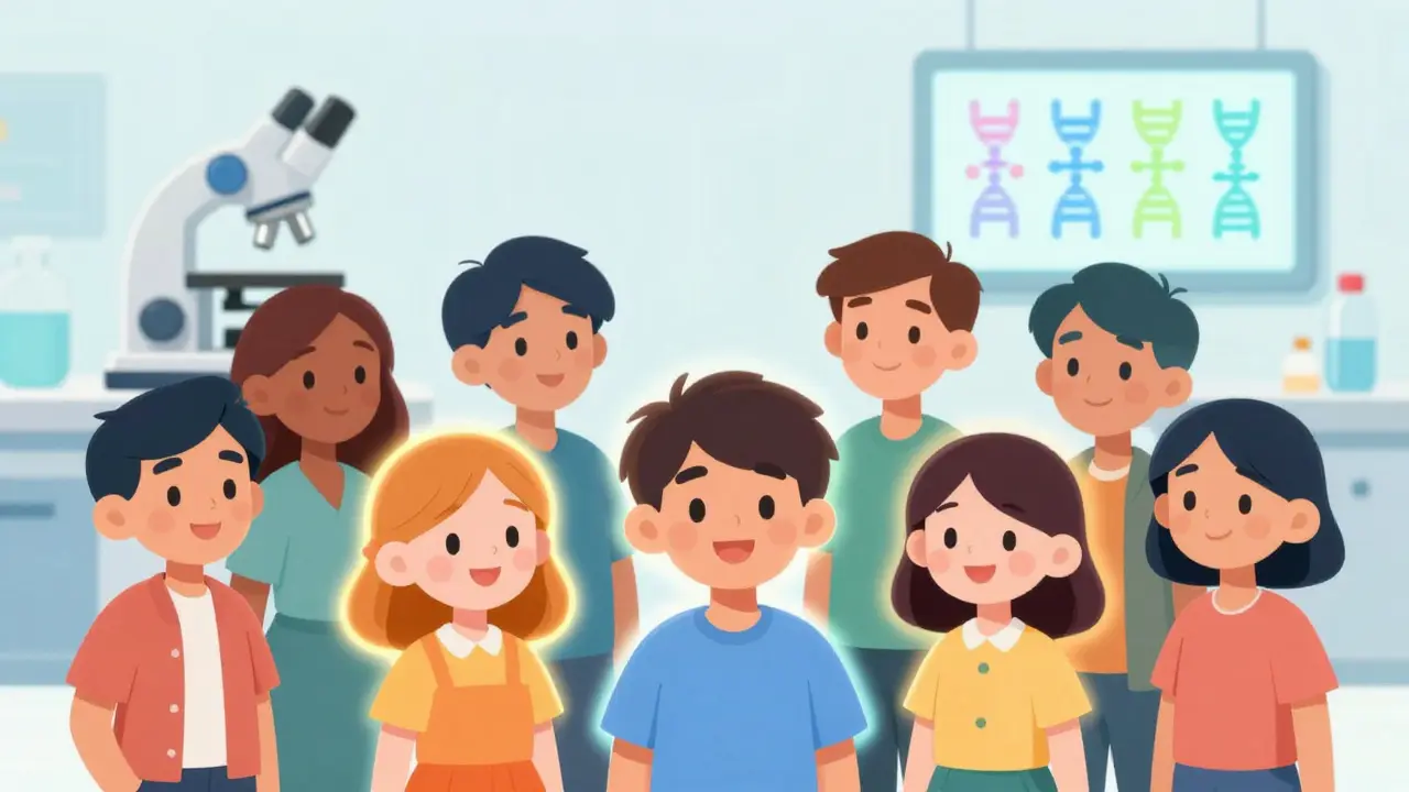 Skupina dětí v doprovodu moderní diagnostiky v kresleném stylu.