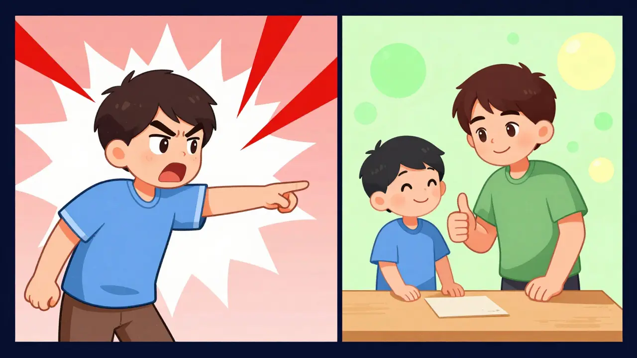 Srovnání agresivní komunikace s pozitivním posilováním chování v cartoon stylu.