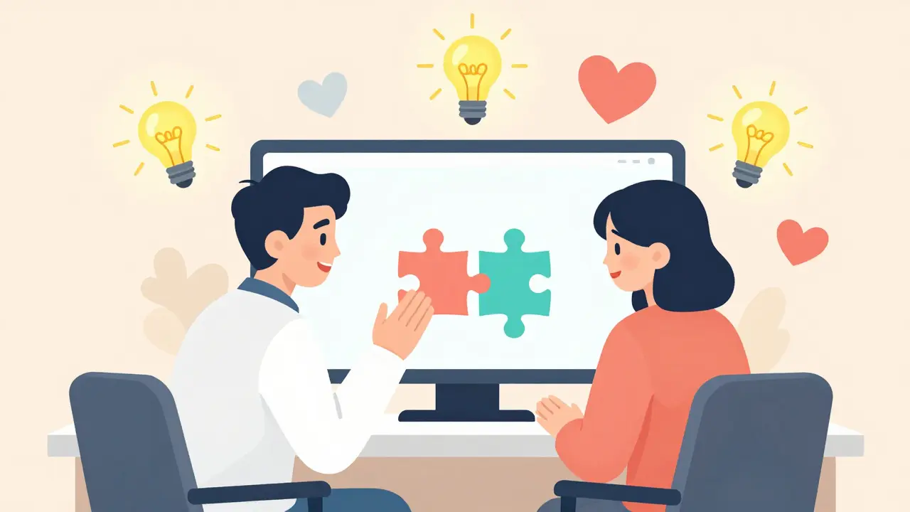 Terapeut a klient budující důvěru a vztah prostřednictvím obrazovky v cartoon stylu.