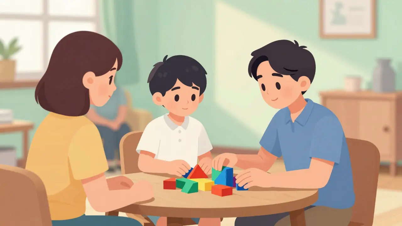 Terapeut s dítětem uspořádává barevné bloky v kanceláři pro terapii.