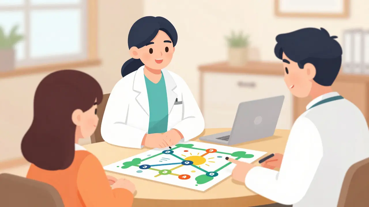 Terapeuta pomáhá členu rodiny s plánem pomoci blízkému v útulné kanceláři.