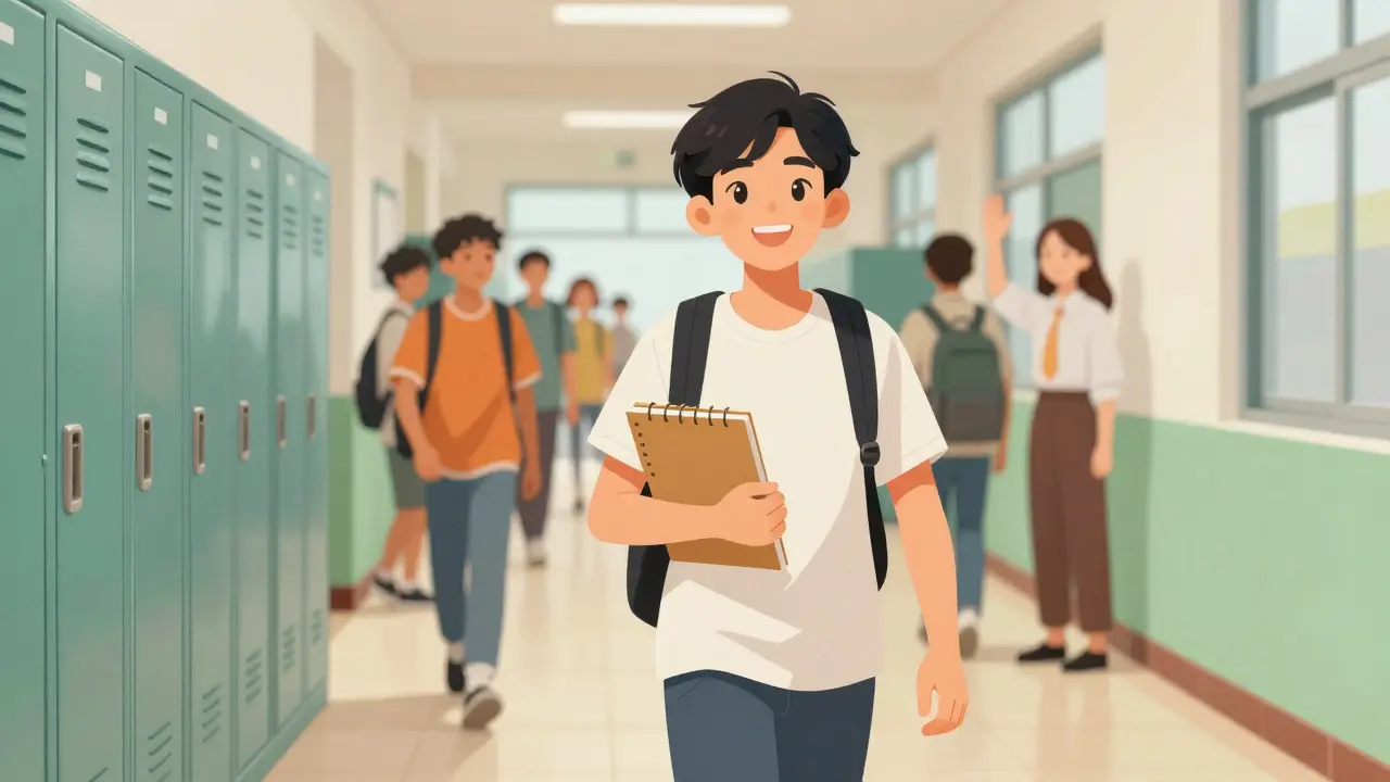 Všechno se zlepšuje, student se usmívá a jistě kráčí ve školní chodbě.