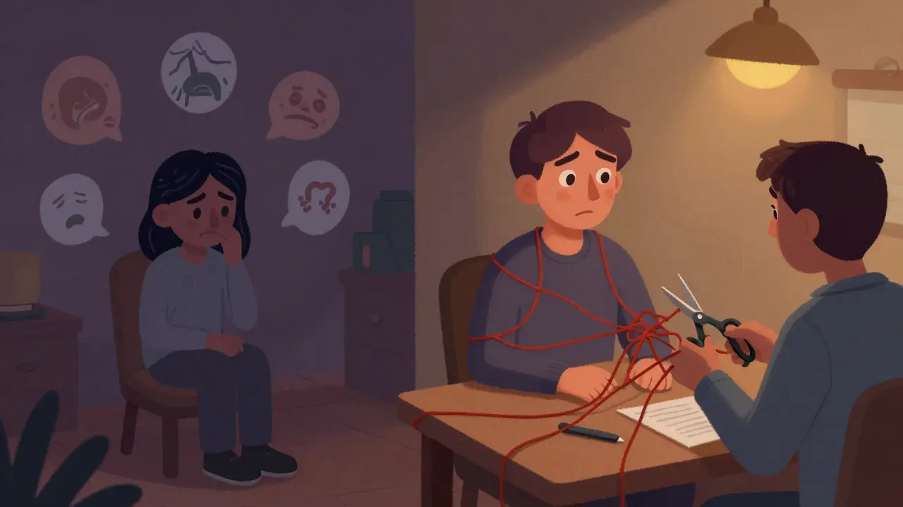 Kreslená ilustrace vnitřních emocí versus dynamiky ve vztahu