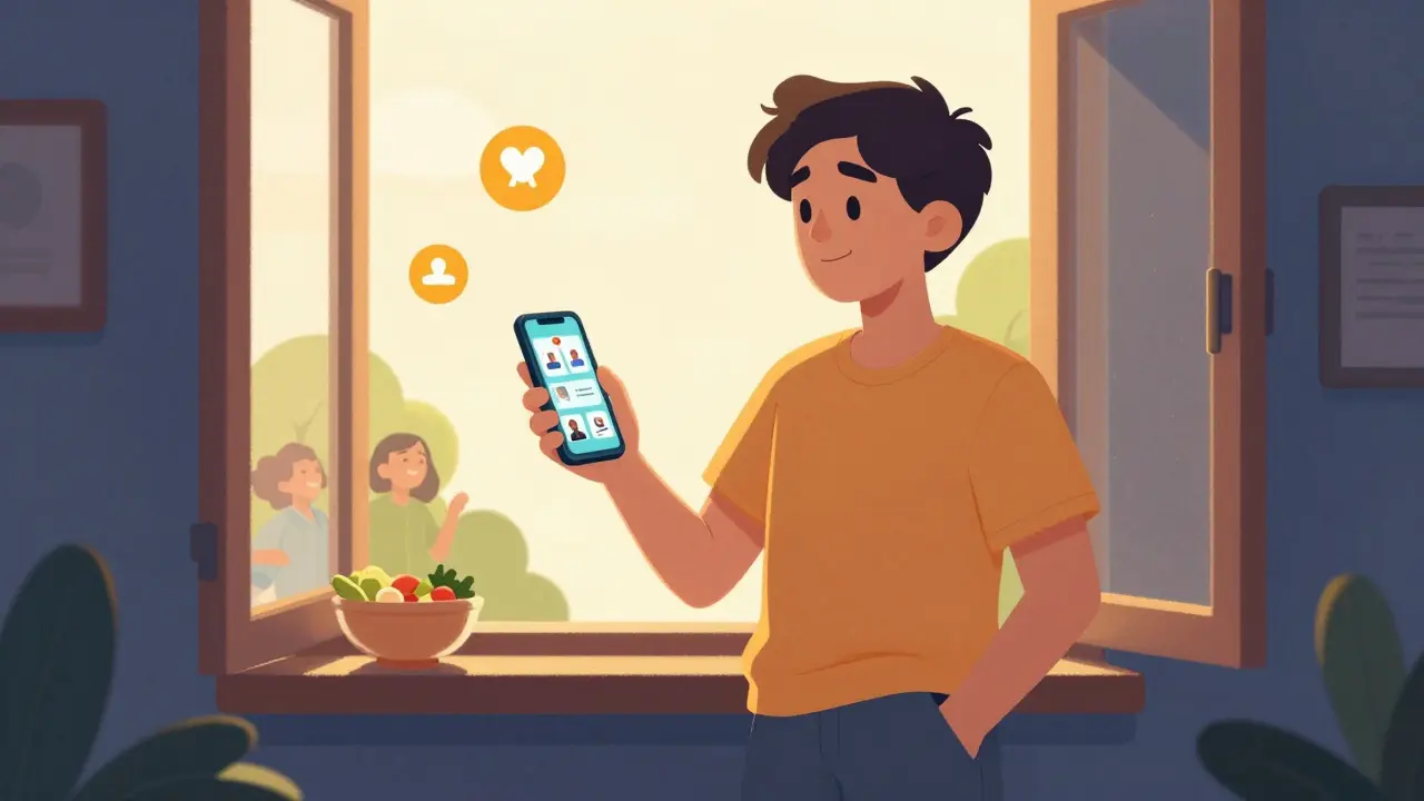 Kreslený člověk šťastný po digitálním detoxu a zdravém životě
