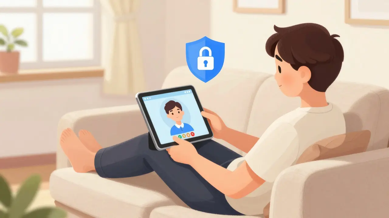 Člověk na gauči při online terapii s důrazem na bezpečnost