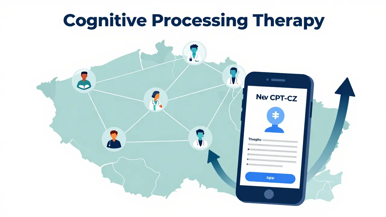 Mapa Česka s rostoucím počtem terapeutů a mobilní aplikací pro kognitivní terapii.