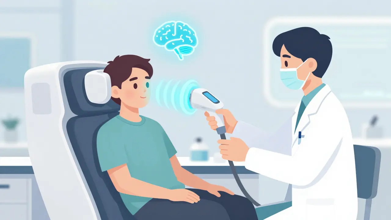 Pacient podstupující transkraniální magnetickou stimulaci