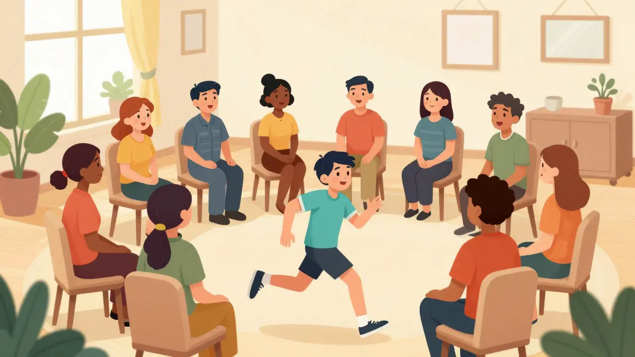 Ilustrace podpůrné skupiny a zdravých aktivit jako cesty k uzdravení od závislosti.