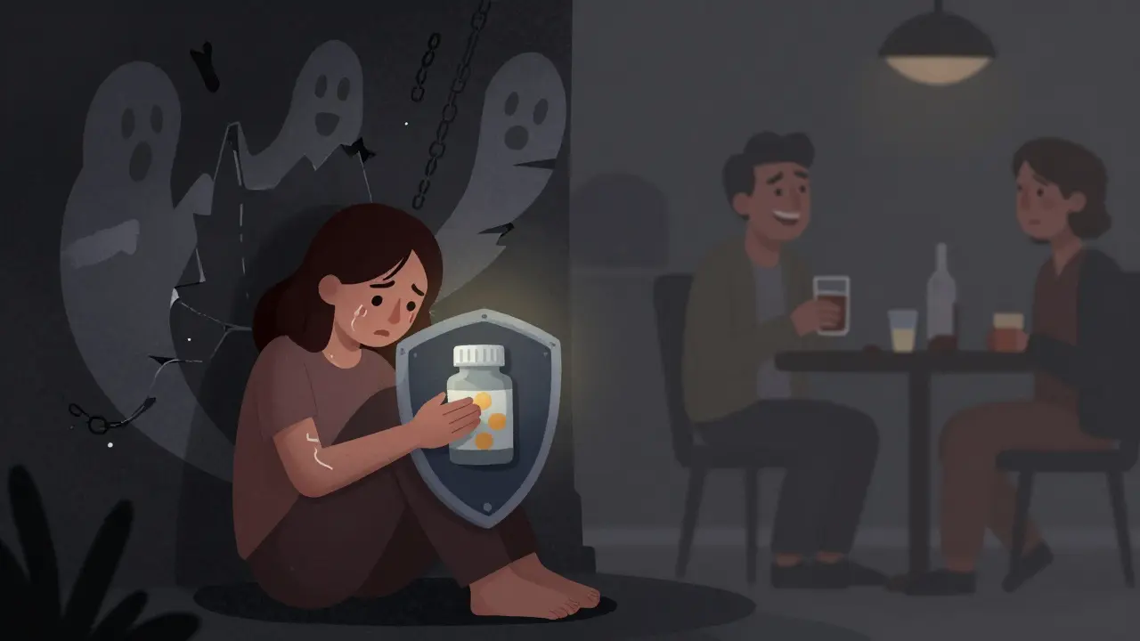 Ilustrace ženy hledající úlevu od traumatu pomocí látek