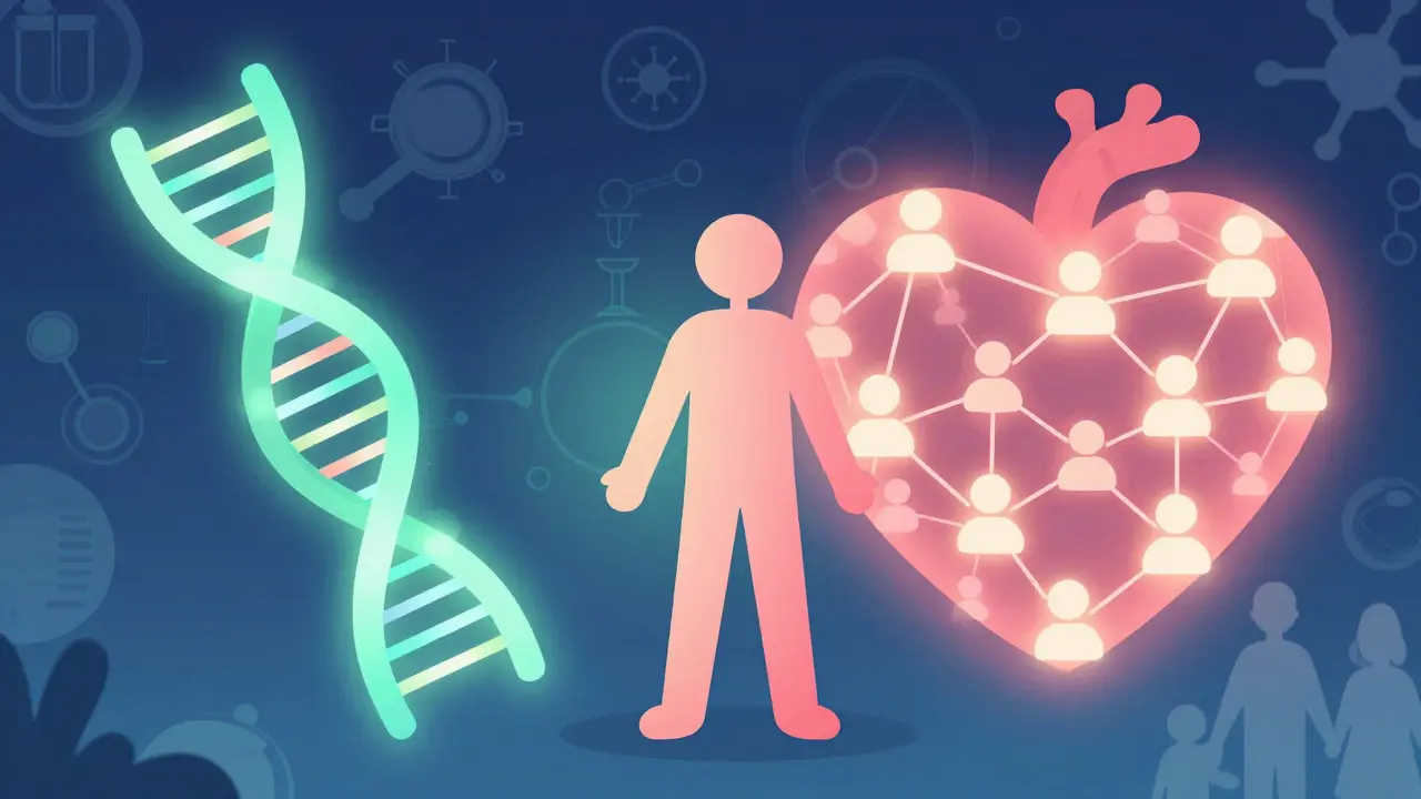 Fúze DNA a srdce symbolizující vědecký přístup k terapii