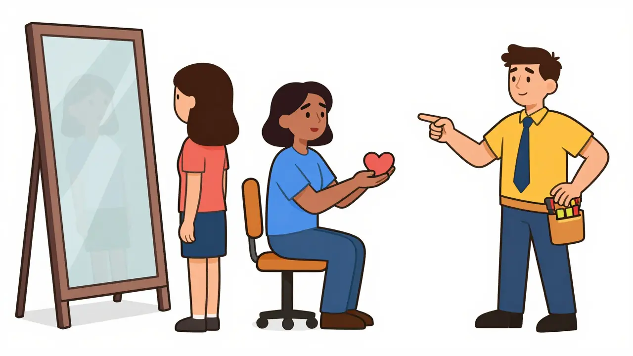 Ilustrace srovnávající různé terapeutické přístupy pomocí vizuálních metafor