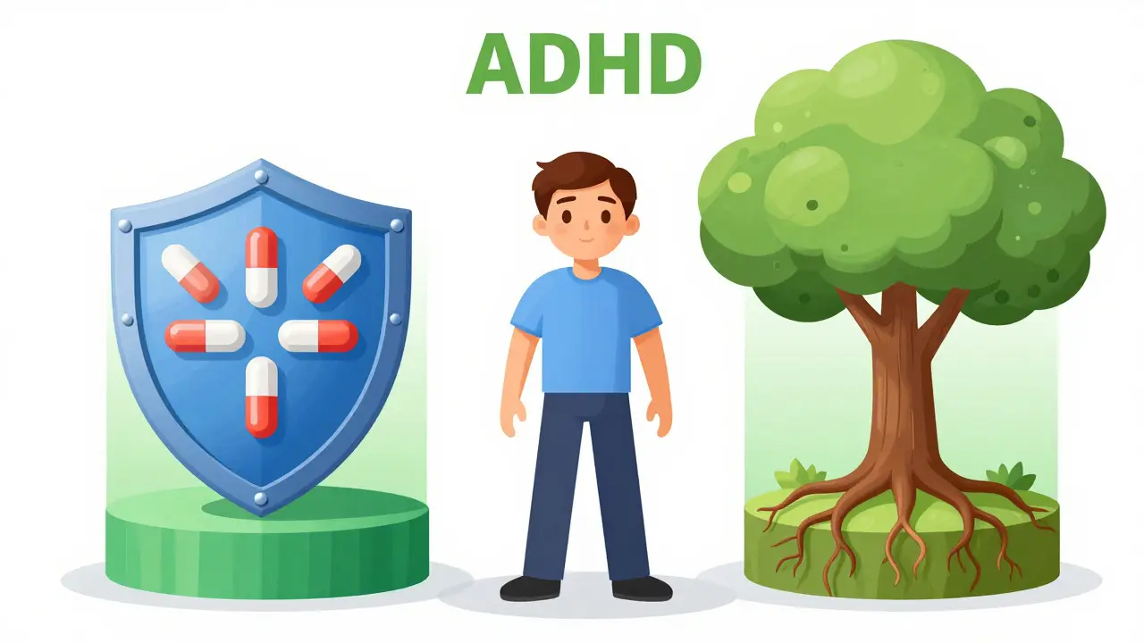 Konceptuální kresba kombinované léčby ADHD spojující léky a terapii