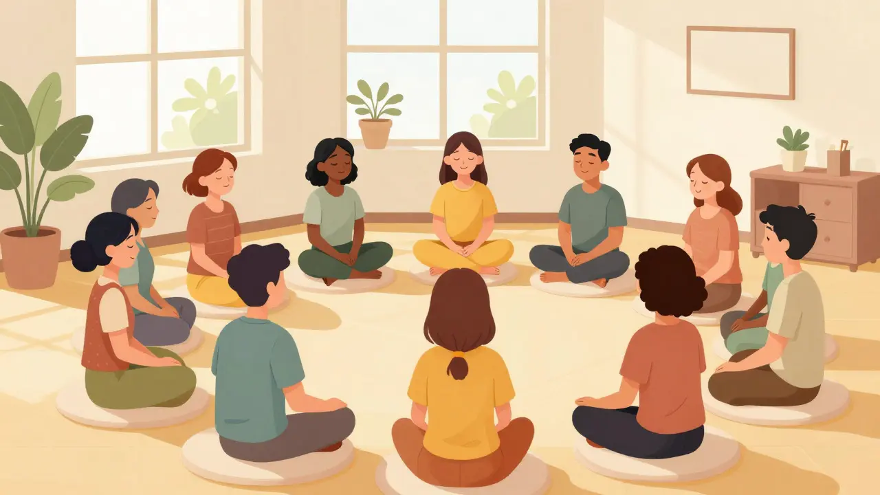 Skupina lidí v kruhu během relaxe mindfulness terapie
