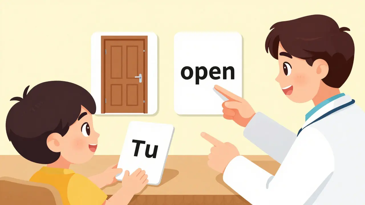 Terapeut používá vizuální karty k učení dítěte rozkládat slova na části