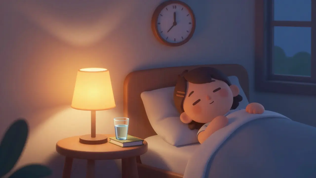 Tichá ložnice s teplým světlem lampy před spaním