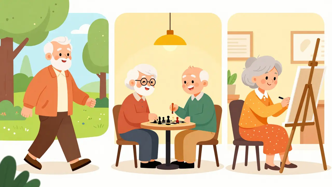 Tři scény aktivních seniorů: procházka, šachy a malování ve světlém stylu.