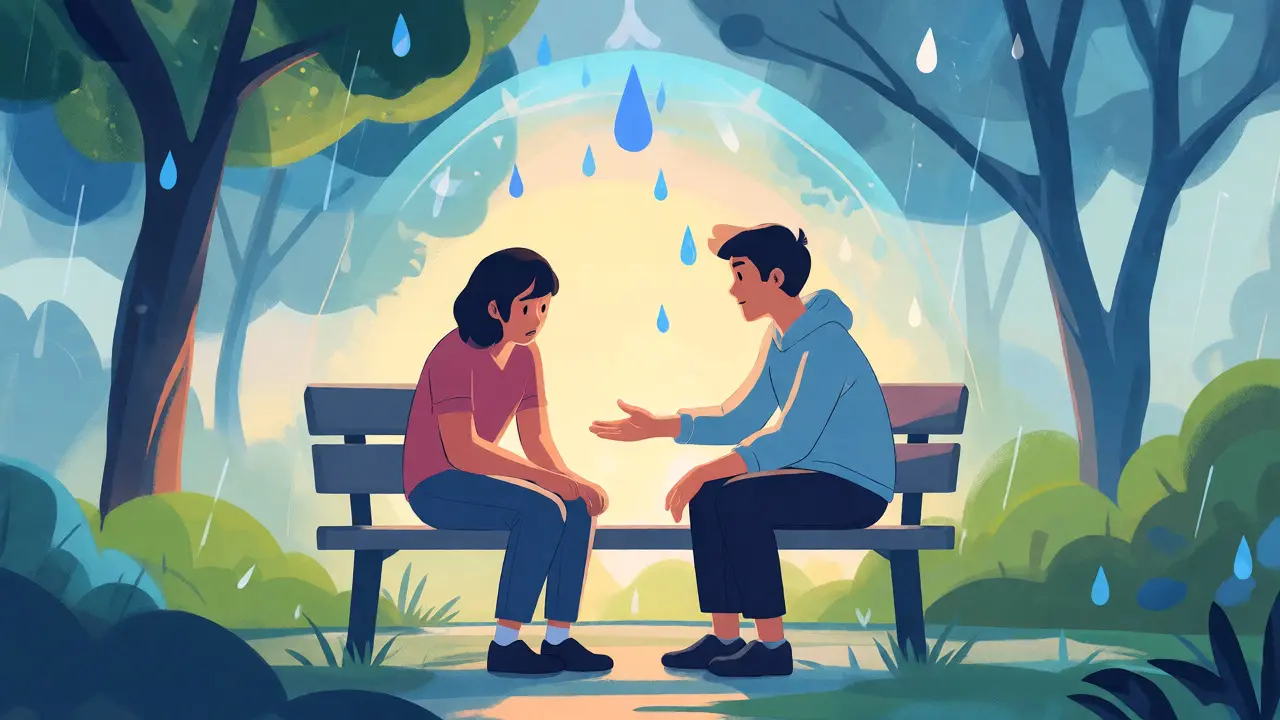 Dvě postavy na lavičce, jedna naslouchá druhé pod ochranným deštníkem před kapkami stresu.