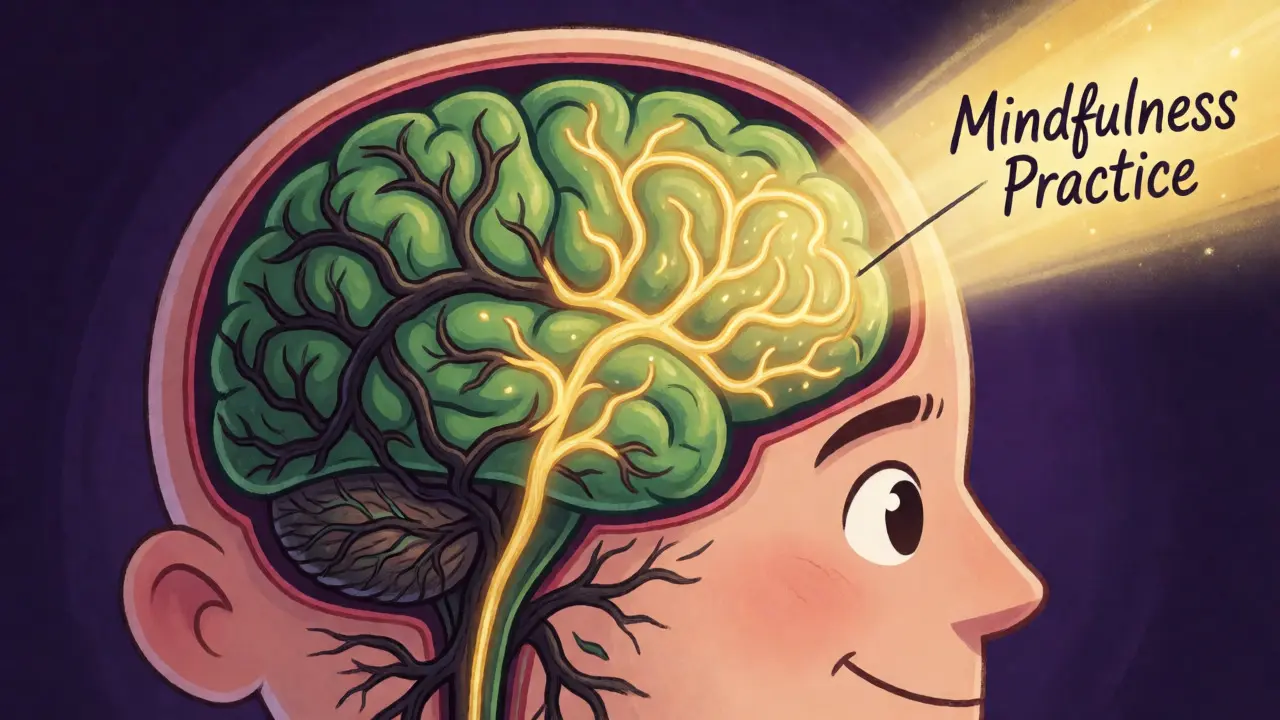 Ilustrace mozku ukazující nové zlaté neuronové dráhy vznikající díky všímavosti.