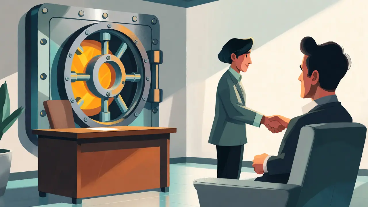 Ilustrace zdůrazňující důvěrnost a etiku pomocí motivu bezpečného trezoru v pozadí.