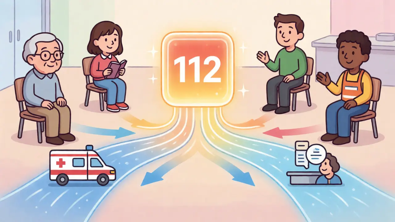 Koncept integrované krizové pomoci s číslem 112 směřujícím lidi ke správné službě.