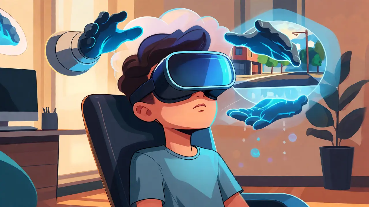Pacient s brýlemi virtuální reality v klidném terapeutickém prostředí