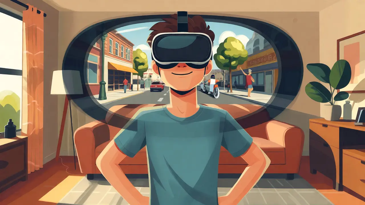 Osoba s brýlemi VR simulující výstup do města