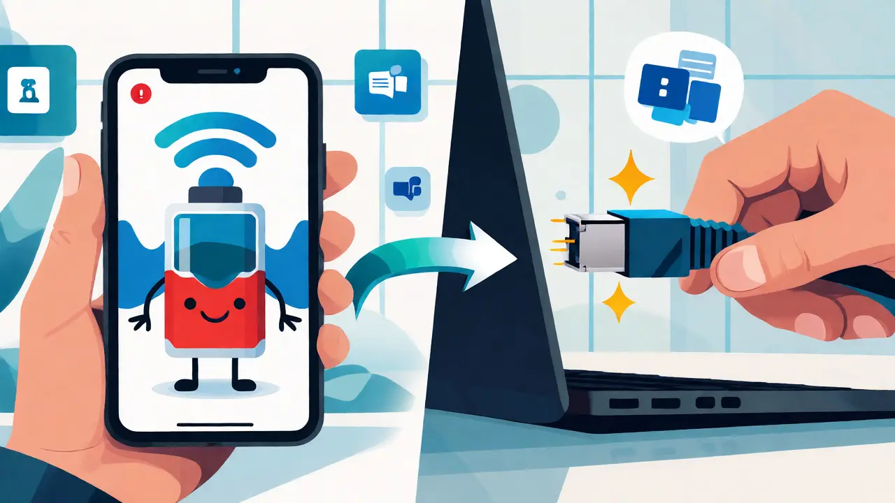 Porovnání nestabilního Wi-Fi signálu na telefonu se stabilním ethernetovým připojením