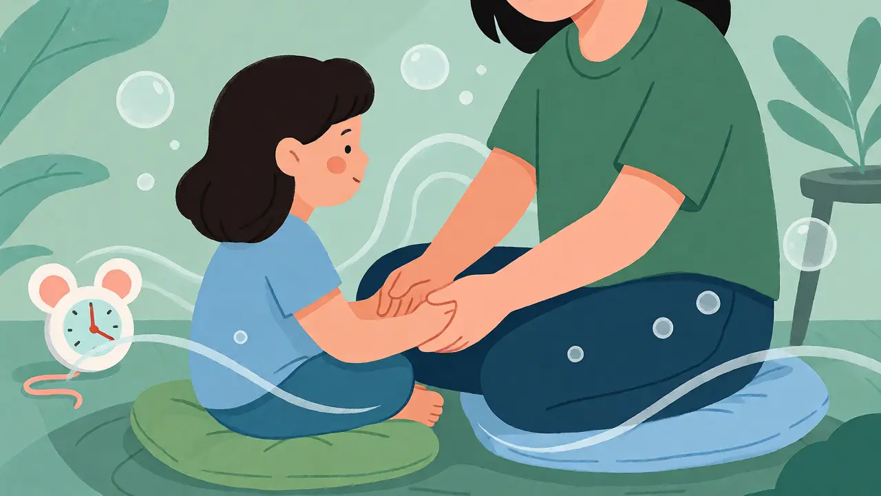 Rodič a dítě společně cvičí mindfulness doma