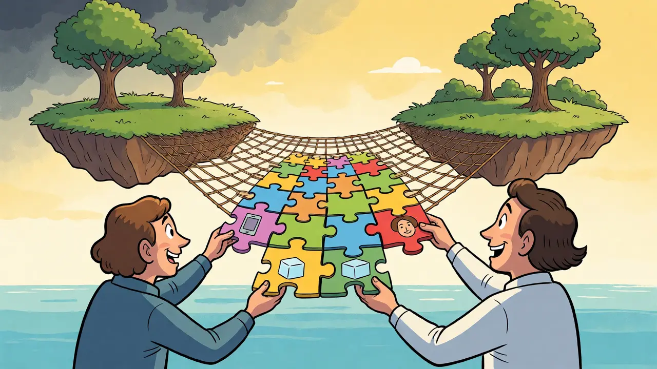 Terapeut a pacient staví barevnou síť z dílků puzzle