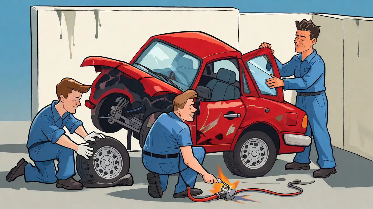 Tři mechanici opravují auto odděleně, znázornění paralelní léčby.